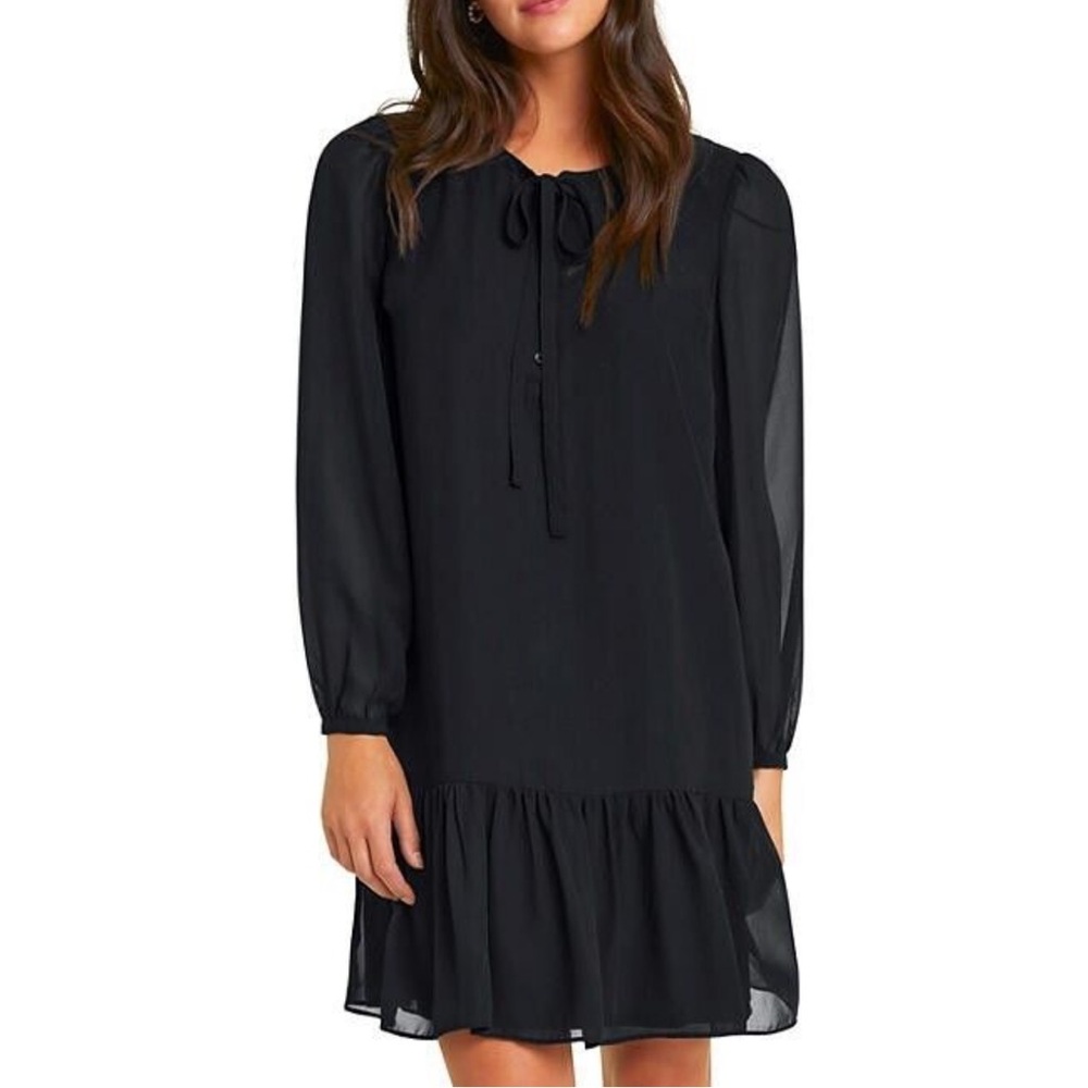 Draper James Black Tie Neck Shift Dress Size Medium Party Classic Old Money